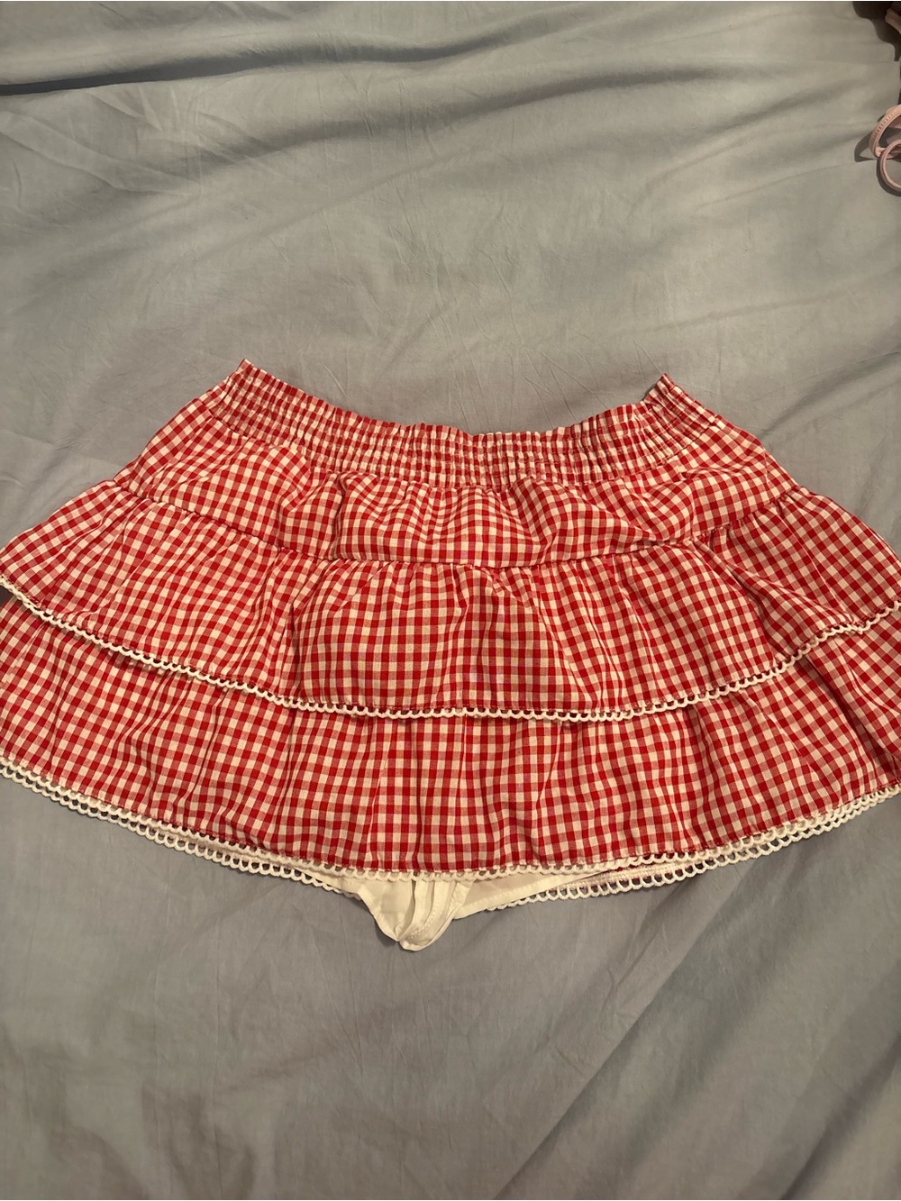 Red Gingham Tiered Skirt with Lace Trim